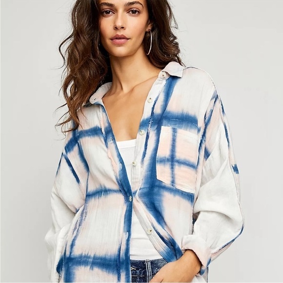 Free People We The Free Washed Away Ivory Combo Plaid Button Up Top Size XS NWT - Picture 1 of 16